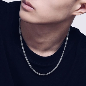 Classic silver cuban link chain for men showing close-up texture on black shirt neck