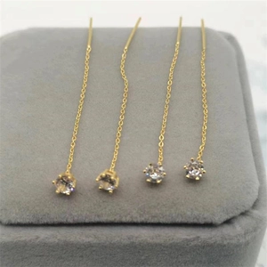 Elegant gold plated S925 silver long chain tassel earrings with six-claw cubic zirconia