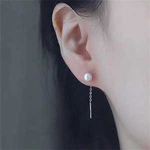 Detail of S925 silver threader earrings with white freshwater pearl and long tassel chain