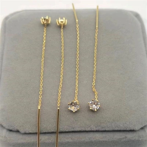 Elegant S925 silver gold-plated long tassel ear wires with four-claw white zircon stones