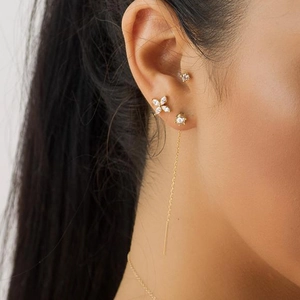 Detailed view of 18K gold plated silver drop earrings with zircons on female ear