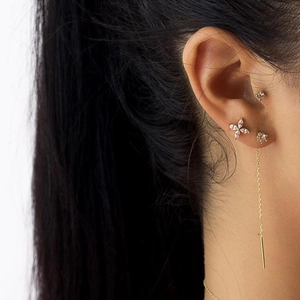 Detail of S925 gold-plated ear line set with zircon flower studs and long tassels