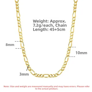 Détail de la chaîne Figaro S925 dorée de 45cm montrant les dimensions des maillons