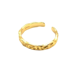 Irregular hammered texture S925 sterling silver open ring in gold plated finish