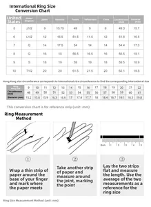 Detailed international ring size chart with measuring guide for S925 sterling silver rings
