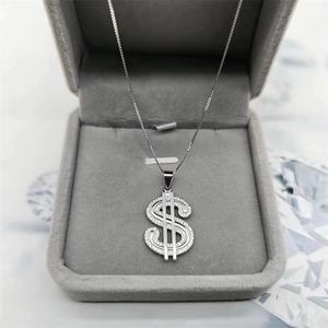 Hiphop S925 zilveren dollarteken hanger ketting met kristallen in grijze sieradendoos