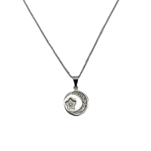 S925 sterling silver necklace featuring a sparkling moon and star pendant in a round frame