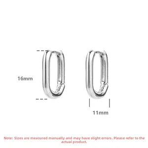 Detail shot of oval S925 silver hoop earrings with 16mm height and 11mm width dimensions