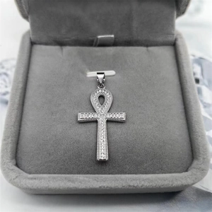 S925 silver iced out Ankh cross pendant with pavé cubic zirconia in a grey jewelry box