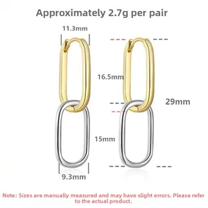 Detailed size specification for S925 oval two-tone earrings showing 29mm length and weight