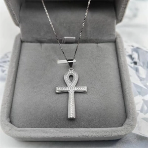 S925 sterling silver Ankh cross pendant necklace with sparkling cubic zirconia inlays