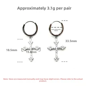 S925 silver cross earrings with zircons showing dimensions and 3.1g weight detail