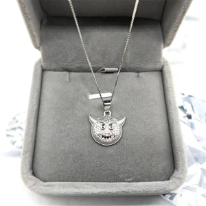 S925 sterling silver little devil pendant necklace with red zircon eyes on grey velvet