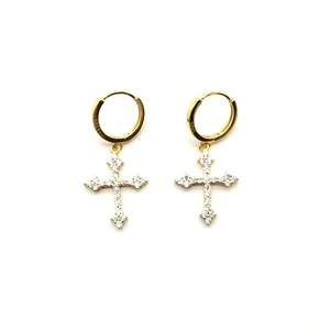 Close-up of S925 hallmark on silver cross earrings with pavé white zircon stones