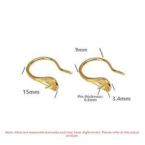 Macro detail of gold S925 silver earring hooks with precise size measurements