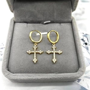 Elegant gold S925 sterling silver cross hoop earrings with white zircon stones
