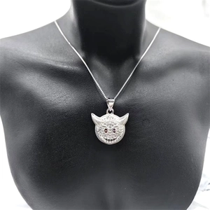 S925 sterling silver devil pendant necklace with white zircons and red eyes on black bust