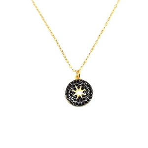 S925 silver star pendant necklace with gold chain and black micro-inlaid round charm