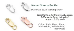 Close-up of S925 sterling silver square lobster clasps in gold, silver and rose gold