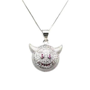 S925 silver devil face pendant with white zircons and red gemstone eyes for hip hop style