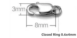 Macro view of 8x3mm S925 sterling silver lobster clasp with 4mm closed jump ring