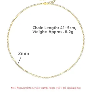 Detaillierte Maße der goldenen 925 Silber Tennis-Halskette mit 2mm Zirkonia und 41cm Kette