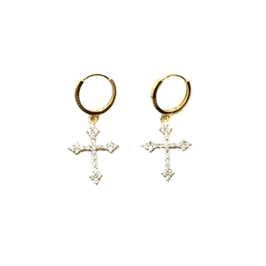 S925 sterling silver cross earrings with sparkling cubic zirconia in gold plating