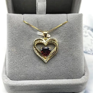 Collier double cœur en argent S925 doré avec zircon rouge et gravure élégante
