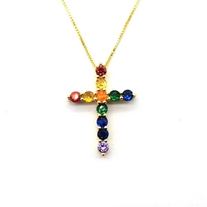 925 Sterling Silver Rainbow Zirconia Cross Pendant Necklace For Women Gold Silver Plated Colorful Stone Clavicle Chain Jewelry