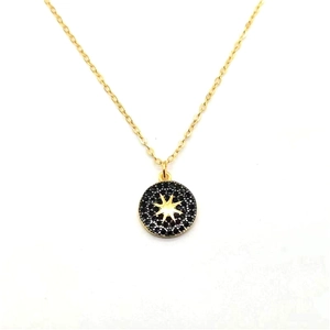 925 Sterling Silver Octagram Round Pendant Necklace Gold Plated Black Zirconia Star Medallion Clavicle Chain Jewelry For Women