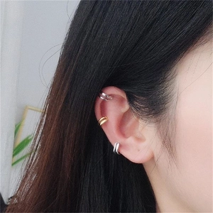 Minimalist S925 sterling silver double layered ear cuffs for non-pierced ears in gold and silver