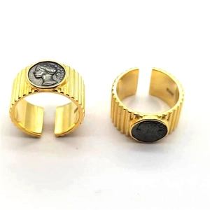 Adjustable S925 silver coin rings with vintage stripe pattern and gold plated finish