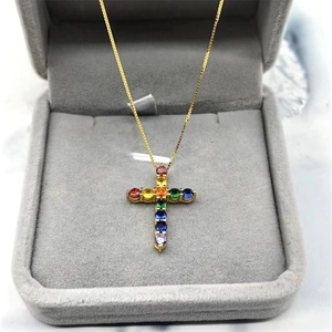 Elegant 925 sterling silver rainbow cross pendant necklace with colorful zircon stones