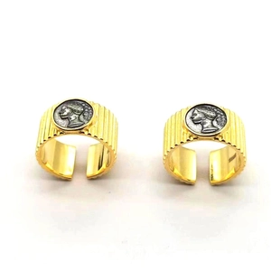 S925 silver vintage coin striped open rings with embossed portrait in gold and silver