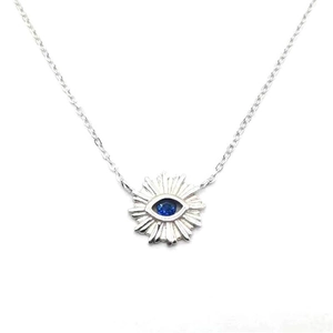 Minimalist S925 silver Evil Eye sunburst pendant necklace with a blue center stone