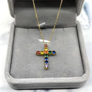 S925 silver gold-plated necklace with rainbow zircon cross pendant in gray jewelry box
