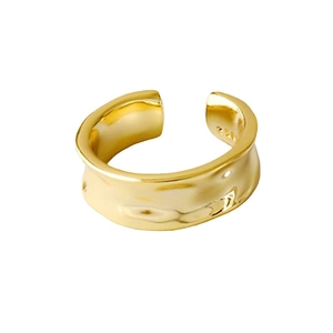 Minimalist S925 sterling silver adjustable open ring with hammered gold texture