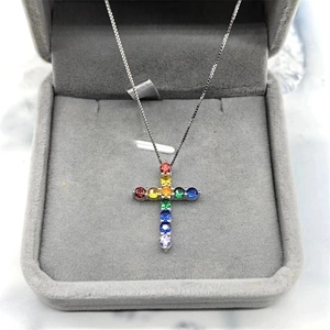 S925 sterling silver rainbow zircon cross pendant necklace on a velvet jewelry box
