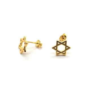 Vue détaillée des boucles d'oreilles hexagramme en argent S925 doré avec fermoirs