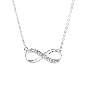 Detailed view of S925 sterling silver infinity pendant with sparkling pave-set stones