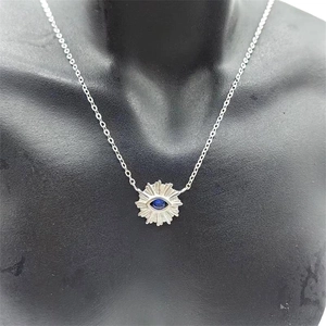 Macro detail of S925 silver devil's eye pendant necklace with blue stone on mannequin