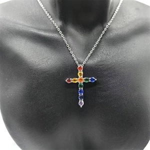 Detailed view of S925 silver cross pendant necklace with vibrant multi-colored gemstones