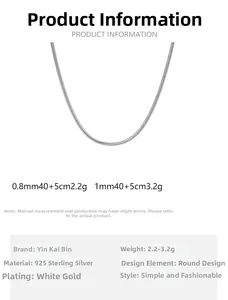 Größentabelle für 925er Sterling Silber 1mm Rundschlangenkette mit Details