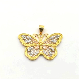 Detailed view of S925 sterling silver butterfly pendant with tri-color gold plating