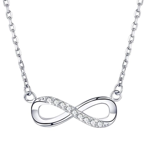 Detail of S925 sterling silver infinity necklace with sparkling zircon pavé on O-chain