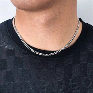 Close-up of S925 sterling silver Cuban link chain worn by a male model on a black shirt