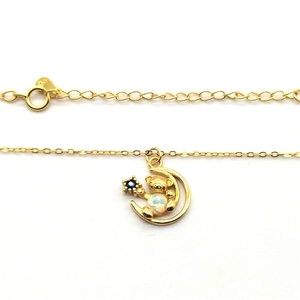S925 sterling silver gold plated teddy bear moon pendant with white opal and blue star gem