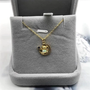 S925 sterling silver gold bear necklace with opal moon and blue star pendant