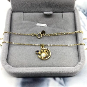 Gold plated S925 silver necklace with bear, crescent moon and opal stone pendant
