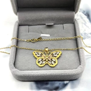 Close-up of S925 sterling silver butterfly pendant with three-tone gold plating details